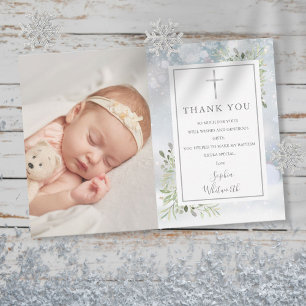 Cartão De Agradecimento Winter Baptism Christening Greenery