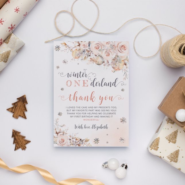 Cartão De Agradecimento Winter Onederland Pink Dourado Birday (Criador carregado)