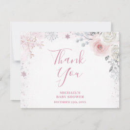 Cartão De Agradecimento Winter Pastel Pink Snowflake Sleigh Baby Shower