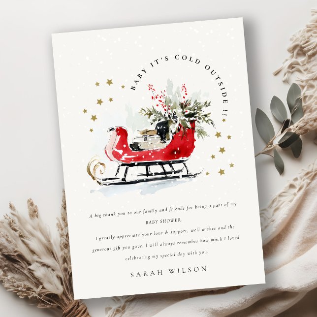 Cartão De Agradecimento Winter Sleigh Its Cold Outside Neutral Baby Shower (Criador carregado)