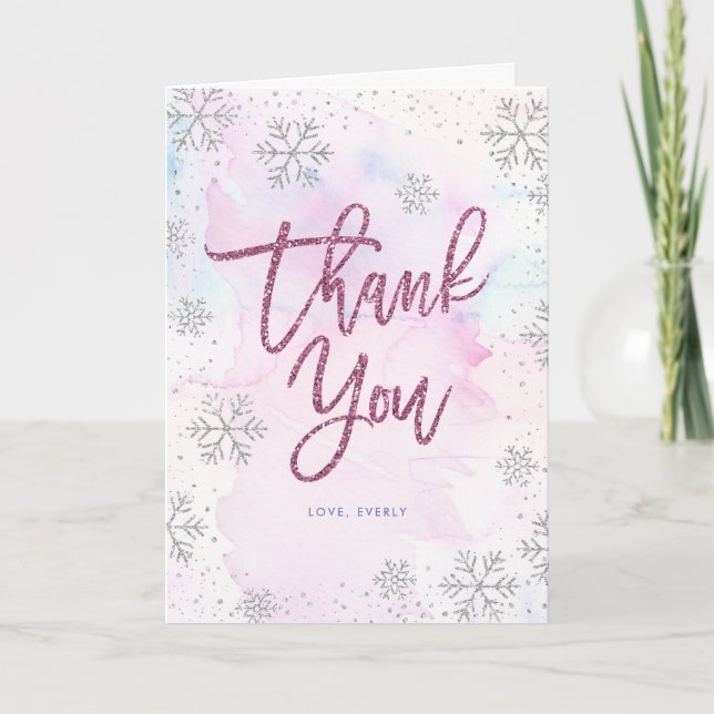 Cartão De Agradecimento Winter Thank You Birthday Silver Magenta Glitter (Frente)