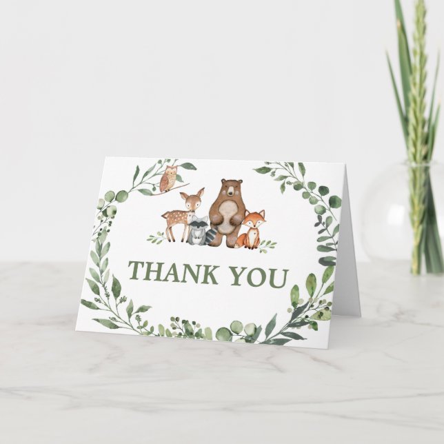 Cartão De Agradecimento Woodland Animals Greenery Baby Shower  (Frente)