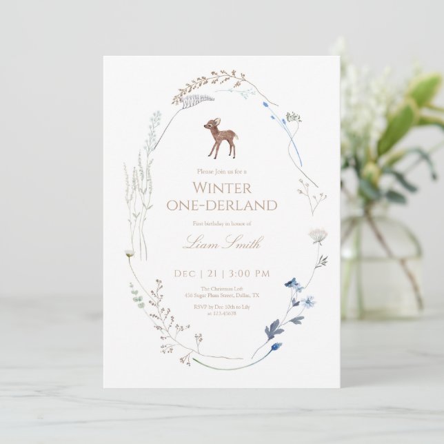 Cartão De Agradecimento Woodland Deer Winter Onederland Birthday Invite (Em pé/Frente)