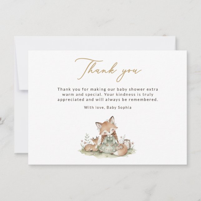 Cartão De Agradecimento Woodland Fox Girl Baby Shower Thank You Card (Frente)