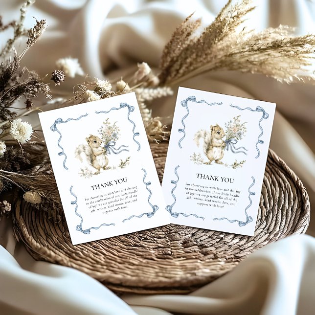 Cartão De Agradecimento Woodland Watercolor Blue Ribbon Squirrel Baby  (Criador carregado)