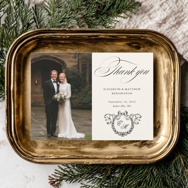 Cartão De Agradecimento Wreath Monogram Elegant Calligraphy Wedding (Criador carregado)