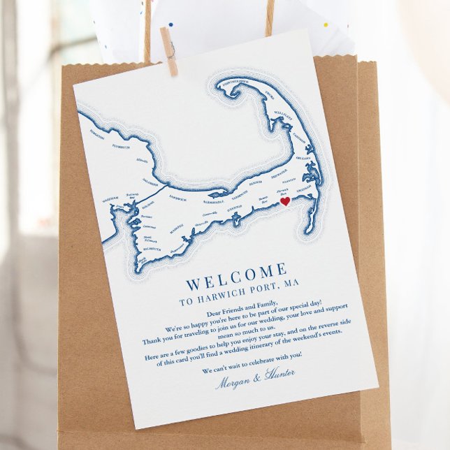 Cartão De Agradecimento Wychmere Harwich Port MÃES Casamento Bem-Vindo Iti (These Harwich Port MA Cape Cod map wedding welcome cards include a weekend events schedule)