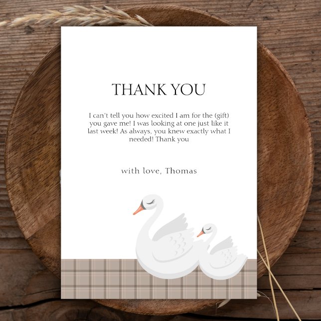 Cartão De Agradecimento Xadrez Mínima Moderna de Swan Chá de fraldas Gingh (Minimal Modern Swan Plaid Gingham Boy Baby Shower Thank You Card)