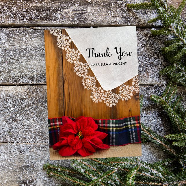 Cartão De Agradecimento Xadrez Rustic Poinsettia Obrigado (Show gratitude with this country Christmas thank you note card.)