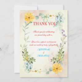 Cartão De Agradecimento Yellow and Pink Floral Wedding Thank You Card