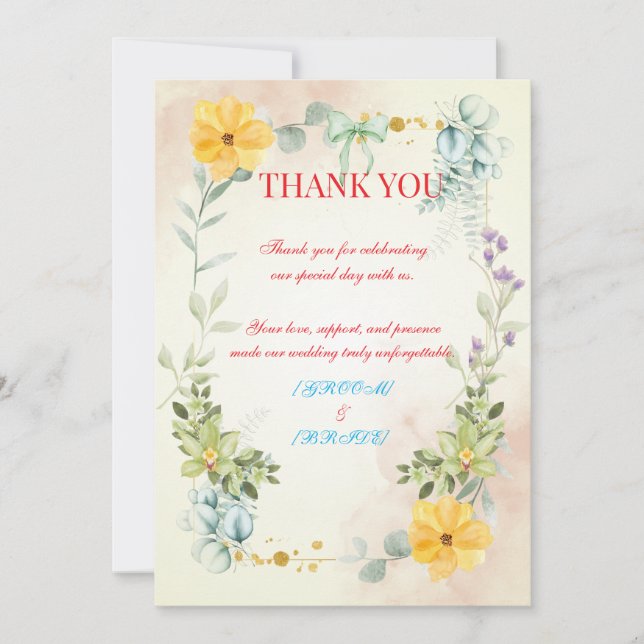 Cartão De Agradecimento Yellow and Pink Floral Wedding Thank You Card (Frente)