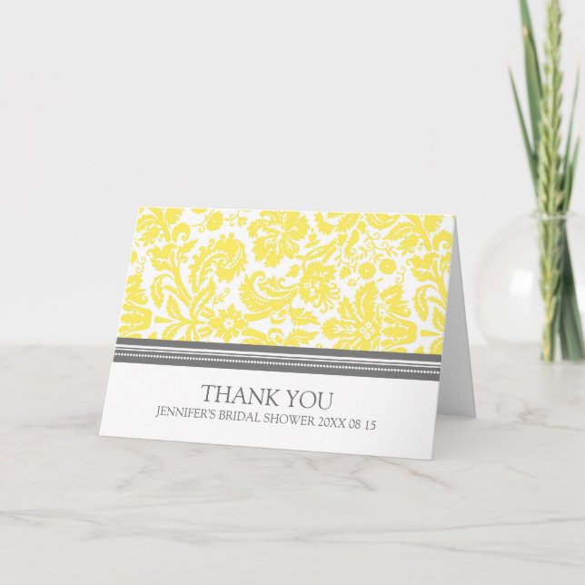 Cartão De Agradecimento Yellow Gray Damask Bridal Shower Thank You Card (Frente)