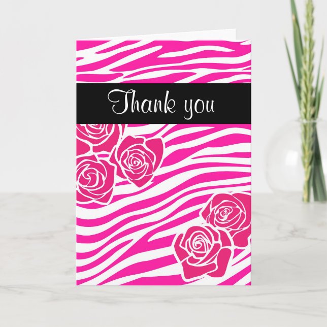 Cartão De Agradecimento Zebra pattern + pink roses Thank you Card (Frente)