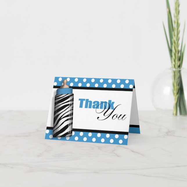 Cartão De Agradecimento Zebra Print Baby Bottle Blue Thank You Cards (Frente)