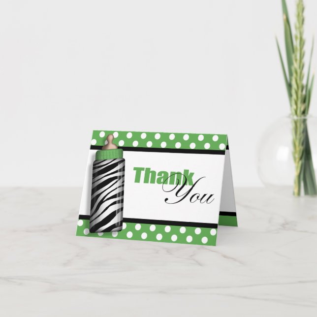Cartão De Agradecimento Zebra Print Baby Bottle Green Thank You Cards (Frente)