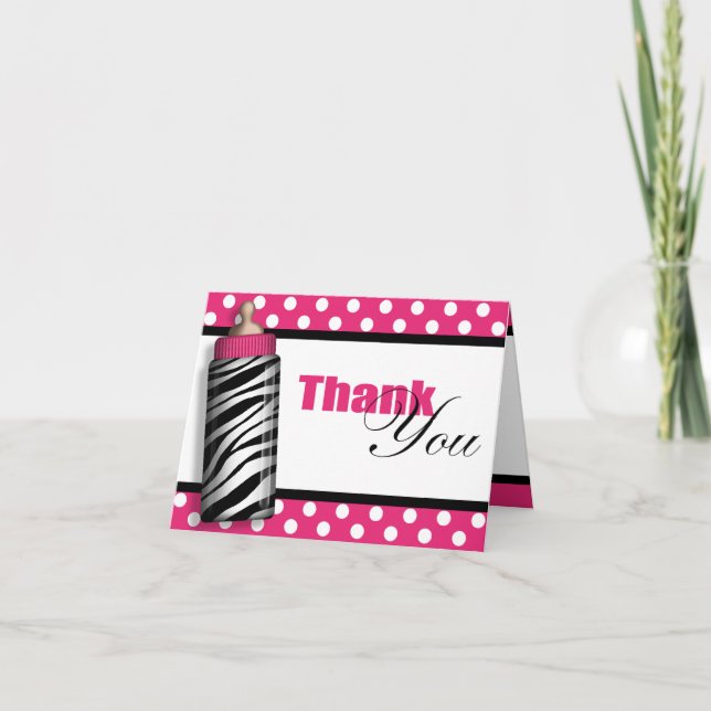 Cartão De Agradecimento Zebra Print Baby Bottle Hot Pink Thank You Cards (Frente)