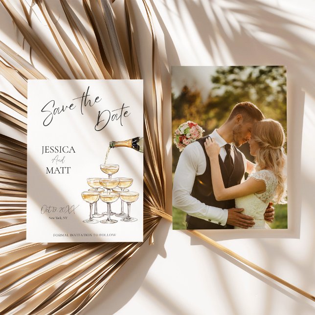 Cartão de Água-forte de Champanhe Salve a Data (Champagne Tower Save the Date)