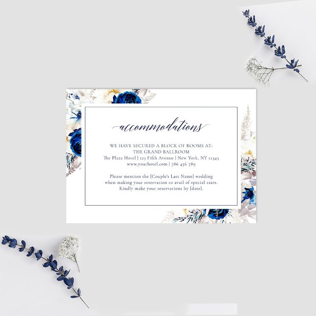 Cartão de Alojamento de Casamento Floral Azul Eleg (Criador carregado)