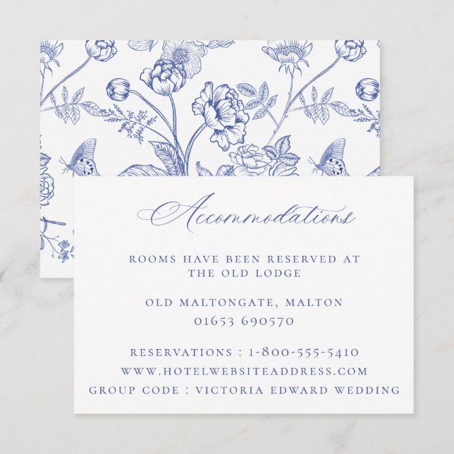 Cartão de Alojamento Floral de Casamento Azul Regê (Frente/Verso)