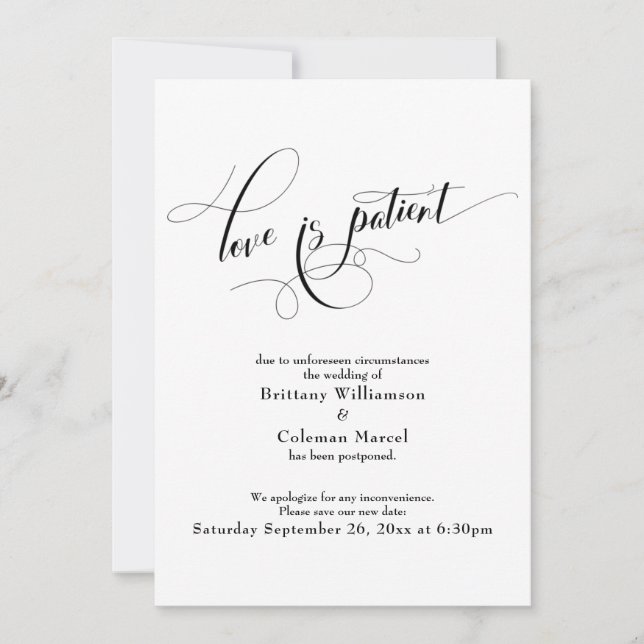 Cartão de Amor Branco Elegante é Adiamento Pacient (Frente)
