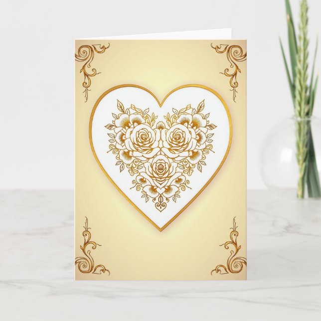 Cartão de Amor com Coração de Rosas Douradas (Frente)