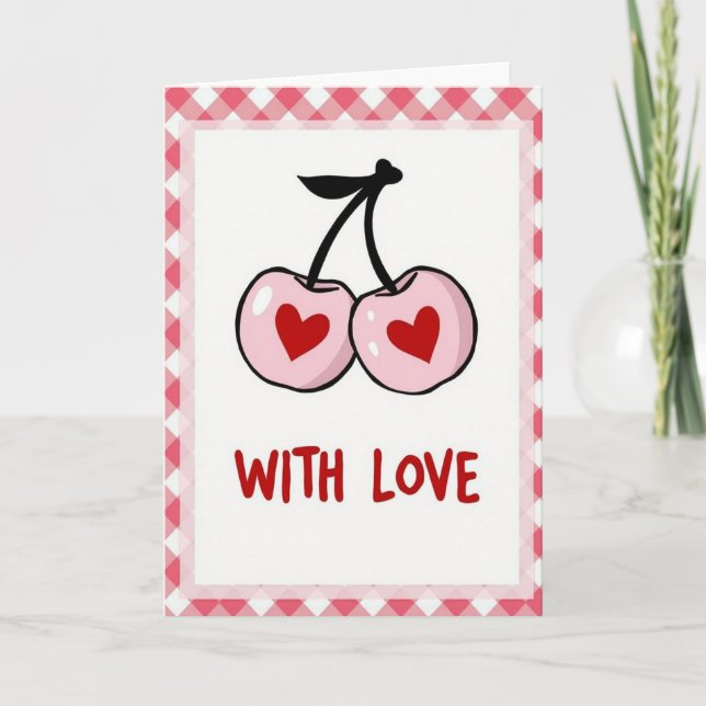 Cartão de Amor com Corações de Cereja Rosa (Frente)