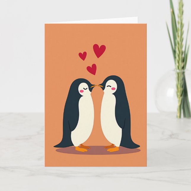 Cartão de Amor de Casal de Pinguins Beijando (Frente)