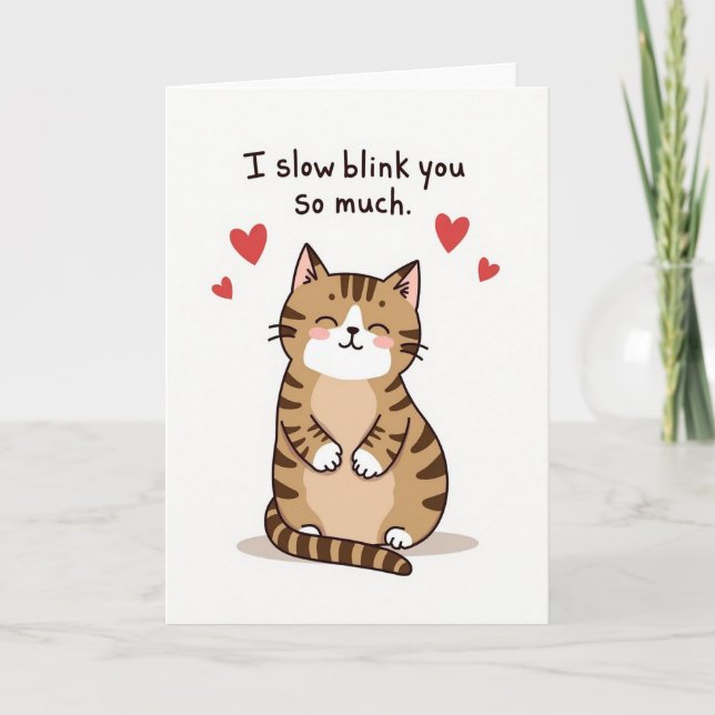 Cartão de Amor de Gato Fofo com Piscadela Lenta (Frente)