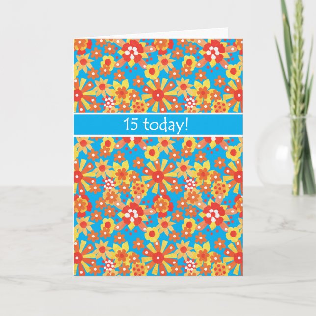 Cartão de Aniversário 15, Flores Laranja Ditsy (Frente)