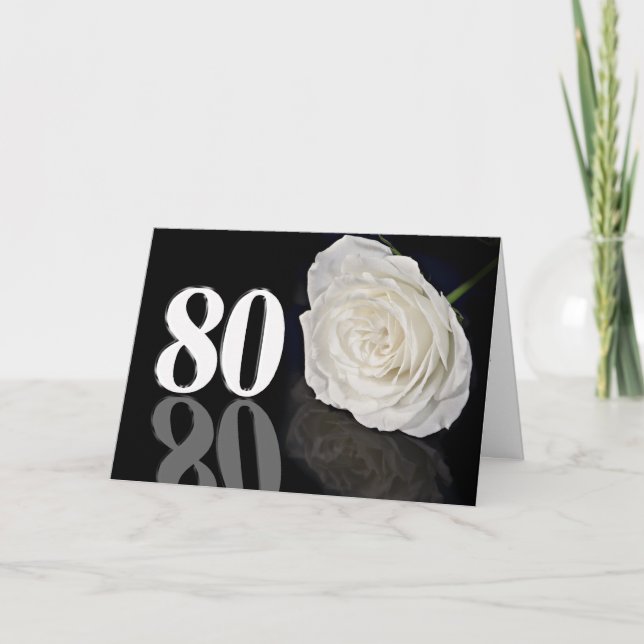 Cartão de Aniversário 80 com uma rosa branca cláss (Frente)