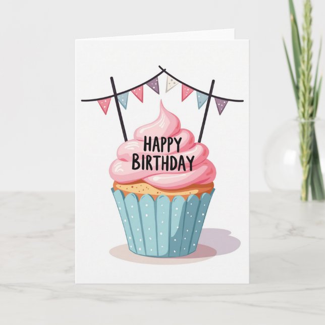 Cartão de Aniversário Alegre com Cobertura Rosa (Frente)
