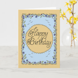 Cartão de aniversário amarelo e azul com lettering