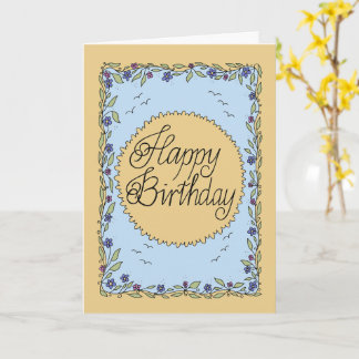 Cartão de aniversário amarelo e azul com lettering