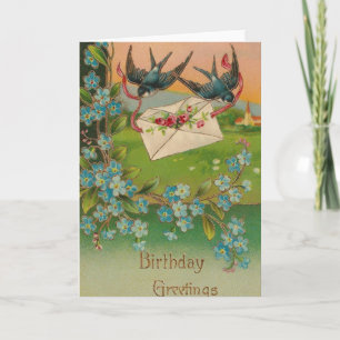 Cartão de Aniversário Antigo Pássaros e Flores