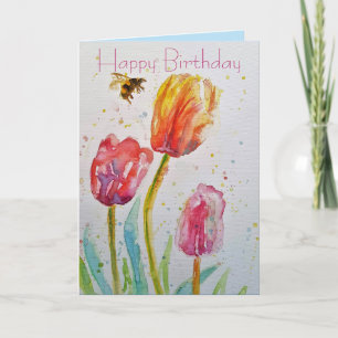 Cartão de Aniversário Aquarela de Tulipa e Abelha 