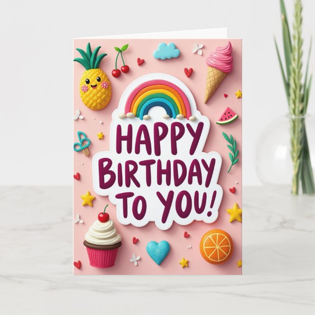 Cartão de Aniversário Arco-íris Doce (Frente)