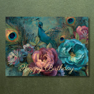 Cartão de Aniversário Boho Pavão Flores e Penas