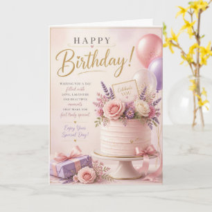 Cartão de Aniversário Bolo Floral Rosa