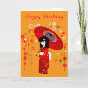 Cartão de Aniversário Boneca Kokeshi Guarda-Chuva