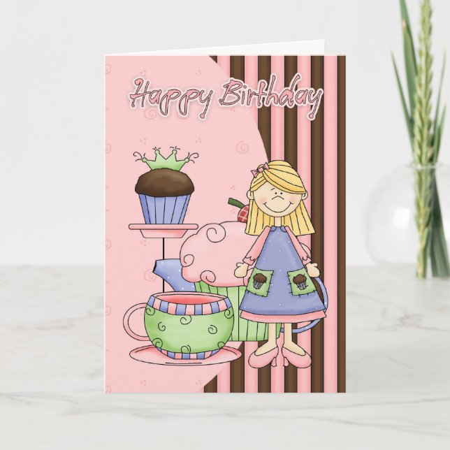 Cartão De Aniversário Bonito - Cupcakes E Chá (Frente)