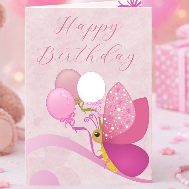 Cartão de Aniversário Borboleta Tons de Rosa com B (Birthday wishes in pink. A cheerful butterfly card with balloons and elegant script. Custom message.)