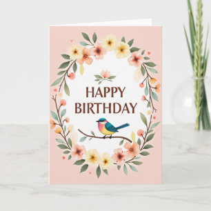 Cartão de Aniversário Botânico de Pássaro Encantad