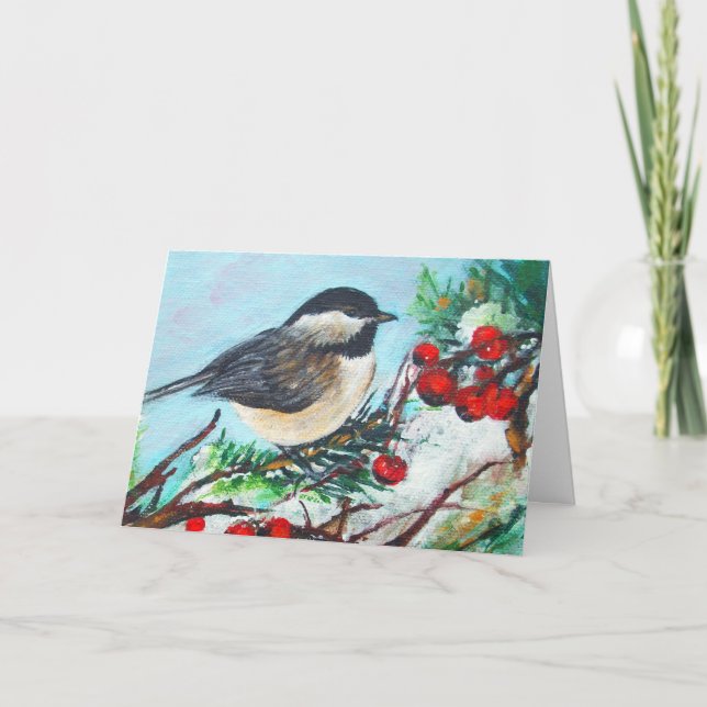 Cartão de Aniversário Cena de Inverno com Chickade (Frente)