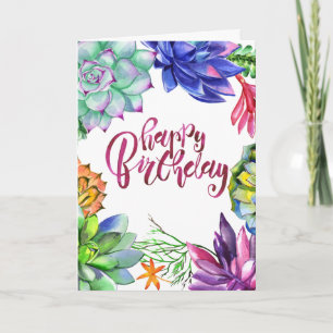 Cartão de Aniversário Colorido em Aquarela Suculen