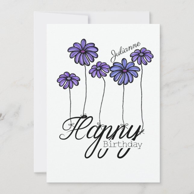 Cartão de Aniversário com Balões de Flores Roxas e (Frente)
