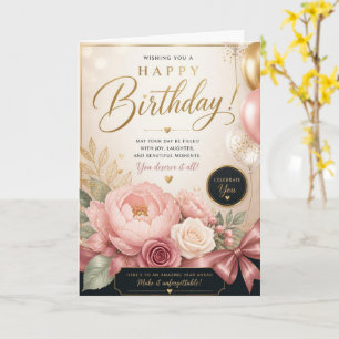 Cartão de Aniversário com Balões de Peônia Rosa
