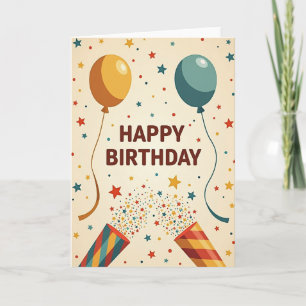 Cartão de Aniversário com Balões e Confetes