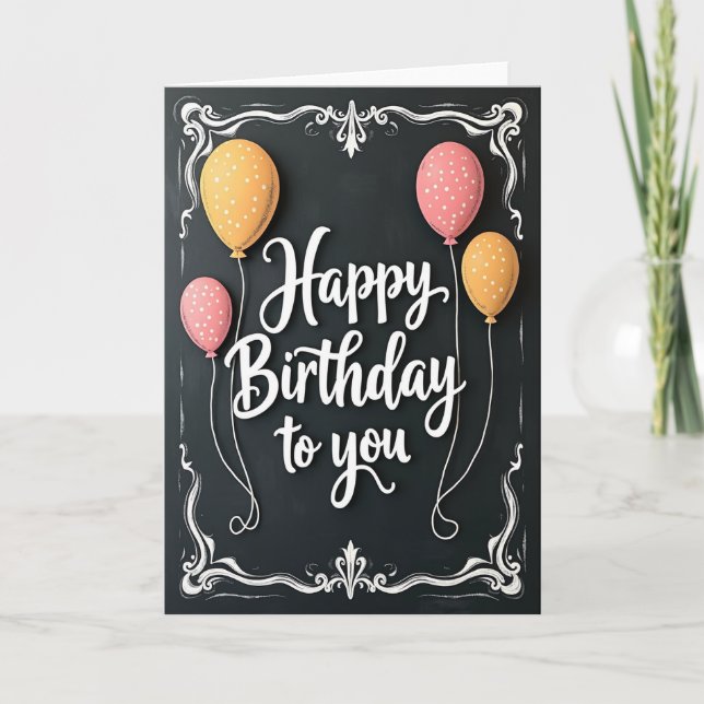 Cartão de Aniversário com Balões e Quadro Negro (Frente)