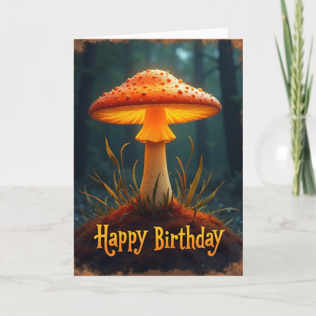 Cartão de Aniversário com Brilho de Cogumelo (Frente)