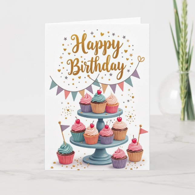 Cartão de Aniversário com Bunting Pastel (Frente)